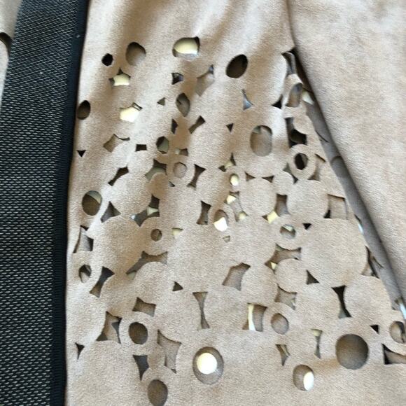 Ming Wang Heritage Laser Cut Faux Suede Open Jacket M Tan Black EUC - Picture 10 of 15